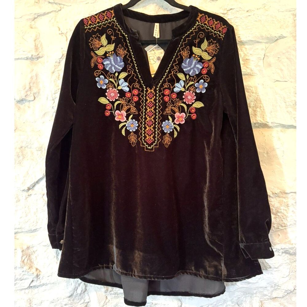 NWT Roper Black Velvet Floral Embroidered Tunic Western Cowgirl Whimsigoth Boho